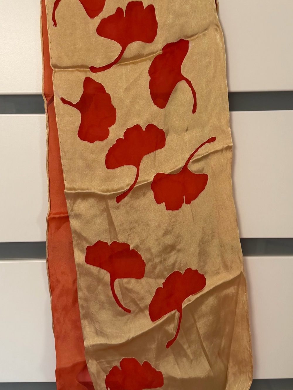 Silk Scarf with Red Ginkgo Leaf Motif